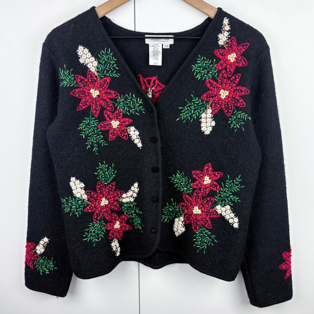 Coldwater Creek 100% Wool Poinsettia Floral Embroidered Cardigan Sweater Black
